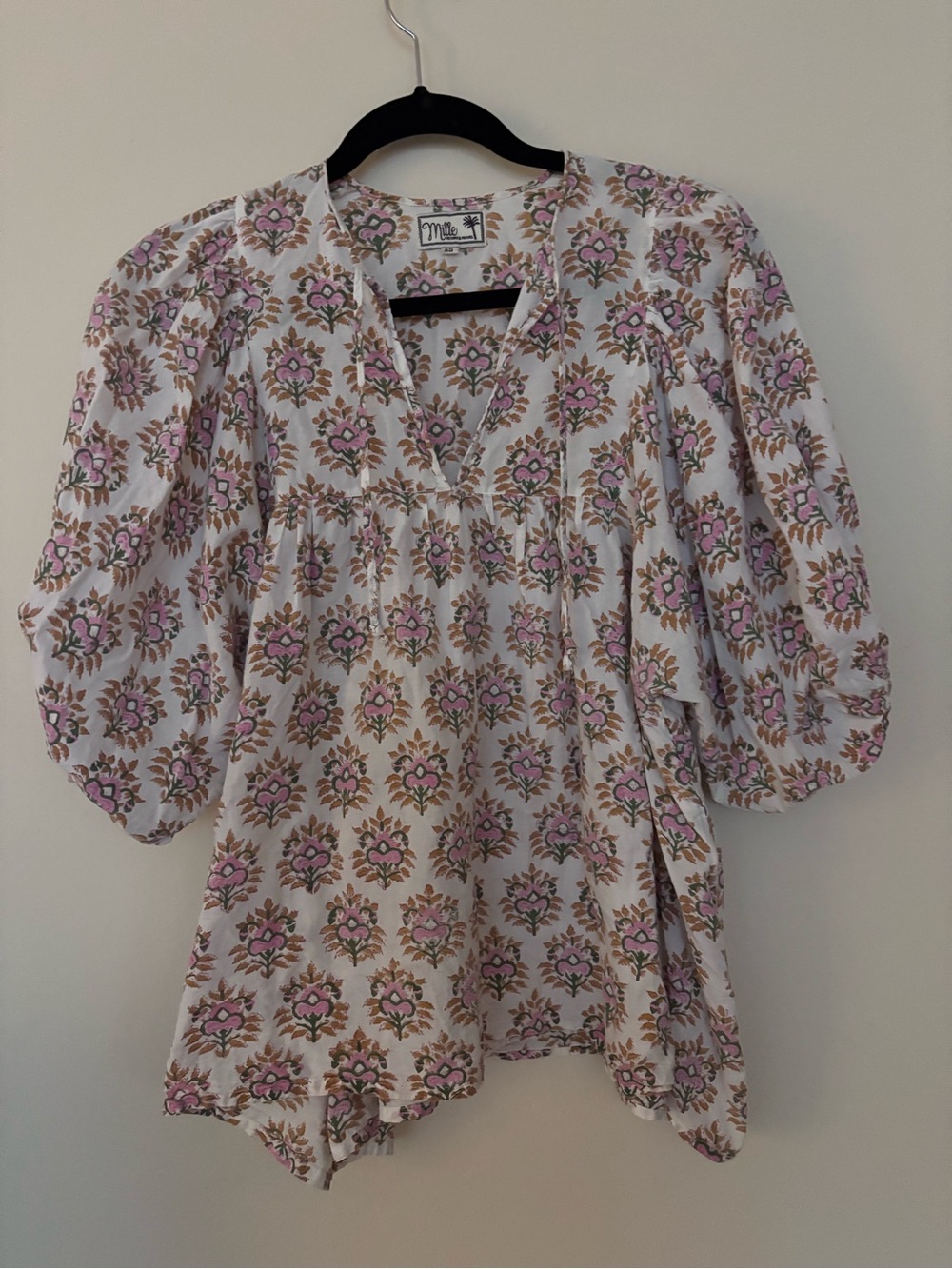 Mille Floral Block Print Cotton Peasant Blouse Boho Top XS Oversized